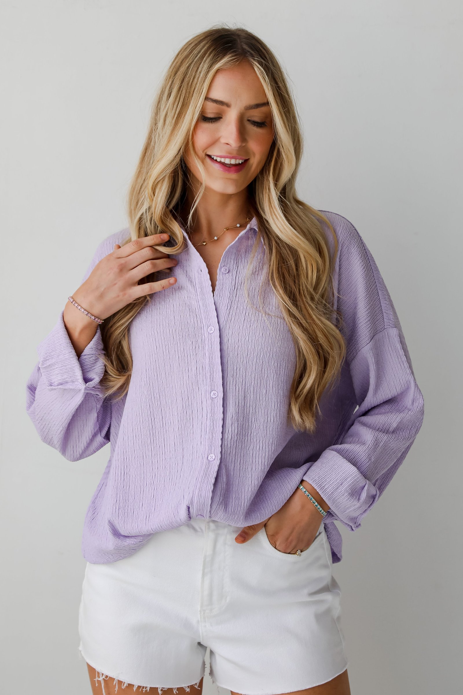 Simply A Vibe Lavender Smocked Button-Up Blouse GG18