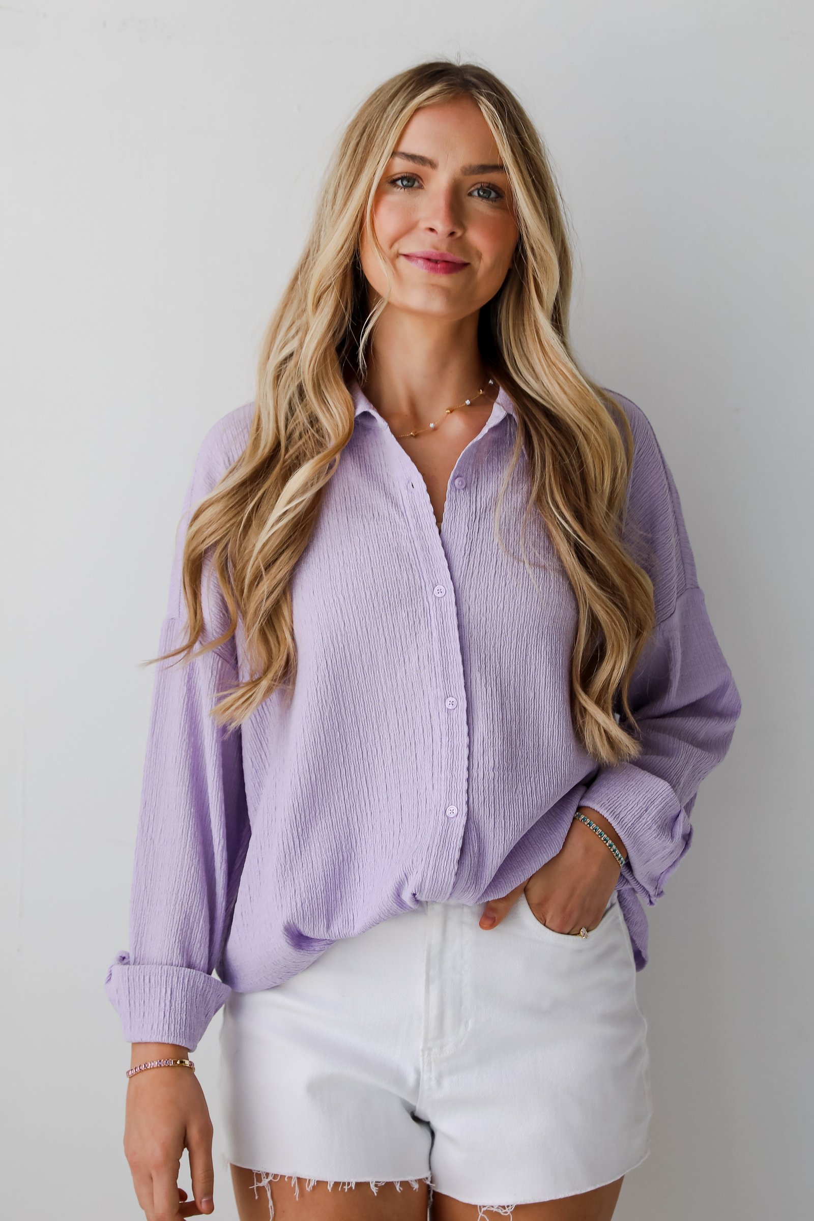 Simply A Vibe Lavender Smocked Button-Up Blouse GG18