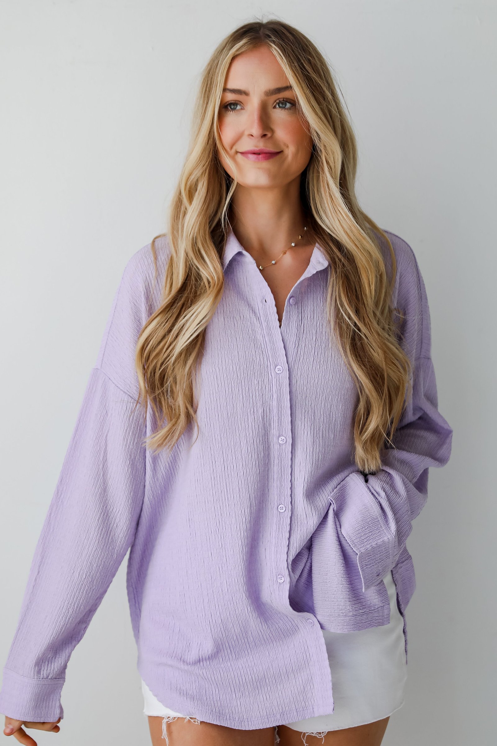 Simply A Vibe Lavender Smocked Button-Up Blouse GG18