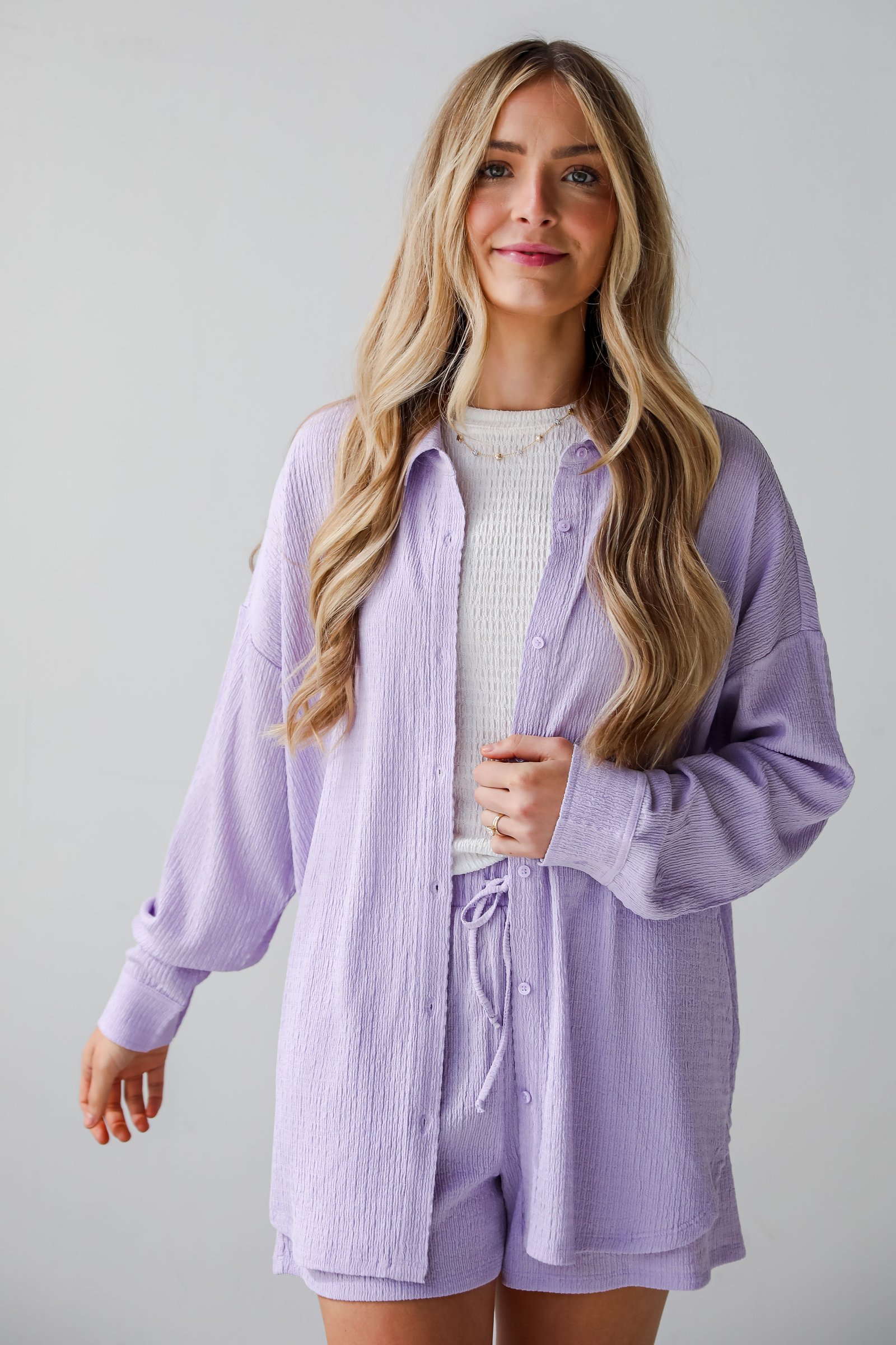 Simply A Vibe Lavender Smocked Button-Up Blouse GG18