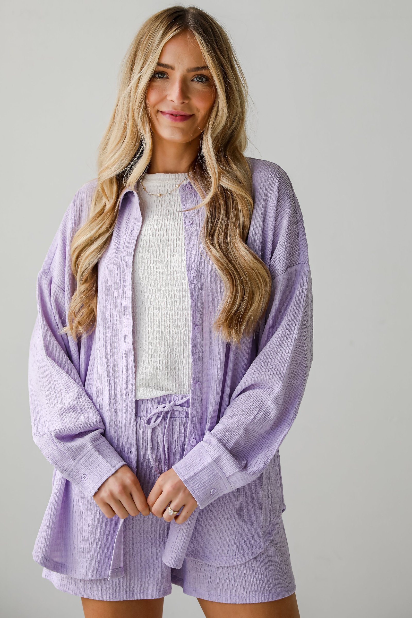 Simply A Vibe Lavender Smocked Button-Up Blouse GG18